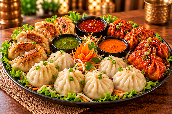 Momo Feast on a Rustic Platter